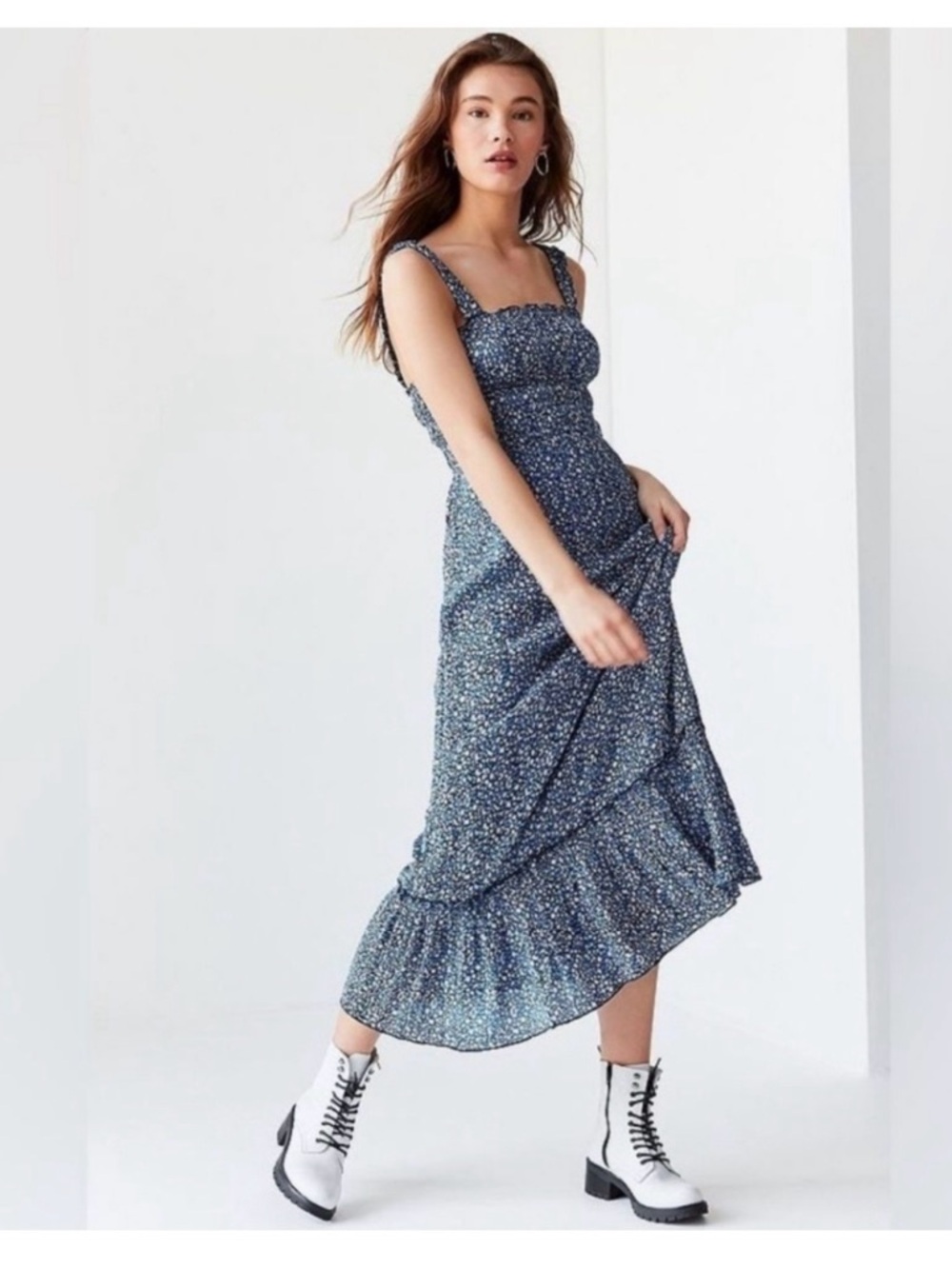 Urban Outfitters Navy Blue Floral Smocked Maxi Dress